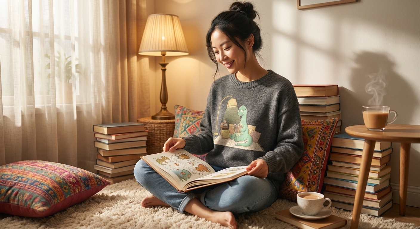 Friendly Dinosaur Reading Sweatshirt Whimsical Design